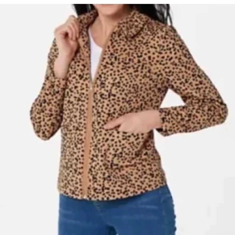 Isaac Mizrahi Animal Print Jacket Full Zip Pockets Boho Safari Chic Sz Large
